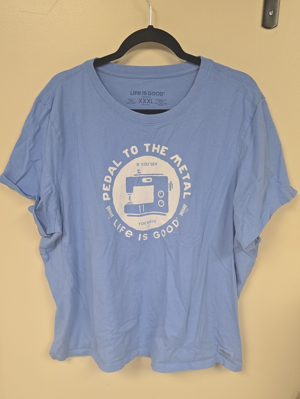 Life Is Good Baby Blue Tee Shirt With Sewing Joke